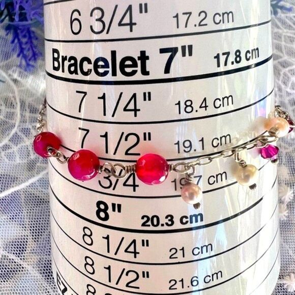 Vintage Dainty Fresh Water Pearl & Red Crystal Bracelet Sterling Heart Clasp - Picture 9 of 11